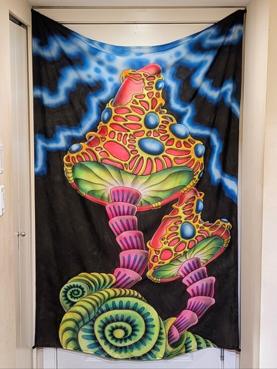 Handmade Other - EUC Hand Painted 48"x70" UV Reactive Goa Style Magic Mushroom Wall Hanging